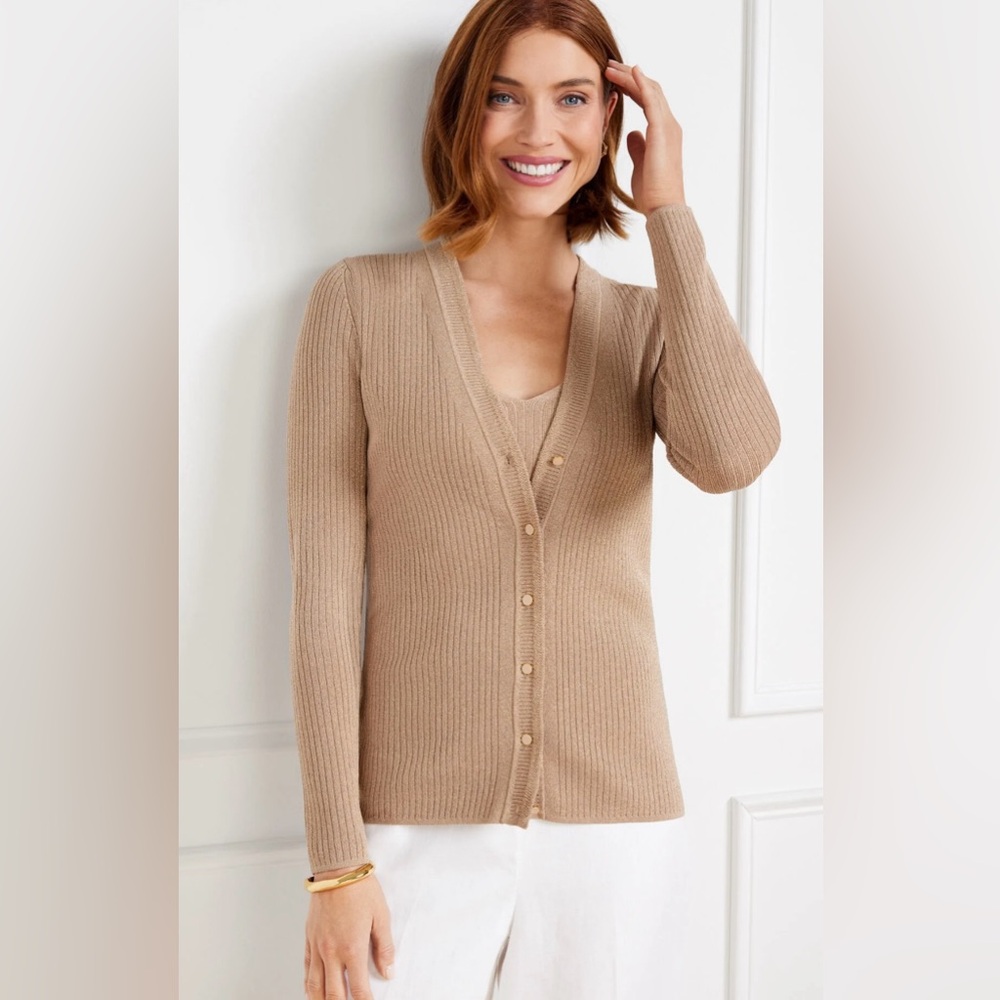 NWOT Talbots Women's Tan Sweater Cardigan METALLIC RIBBED V-NECK CARDIGAN 1X NEW